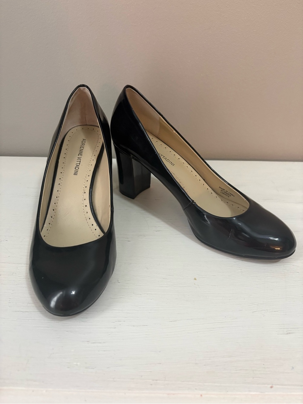 Adrienne Vittadini Black Patent Block Heel Pumps